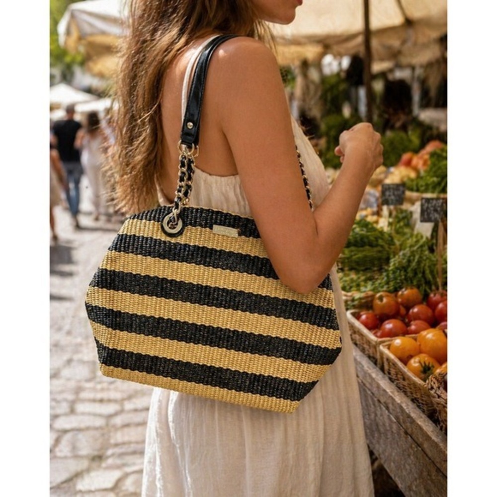kate spade Black and Natural Striped Straw Shoulder Bag